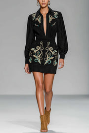 Fashionable Embroidered Floral Pattern Long-sleeved Fitted Waist Mini Dress