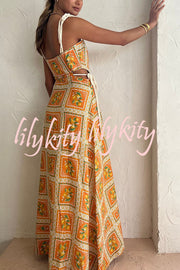 Orange Summer Printed Linen Blend Cutout Tie-up Design Maxi Dress