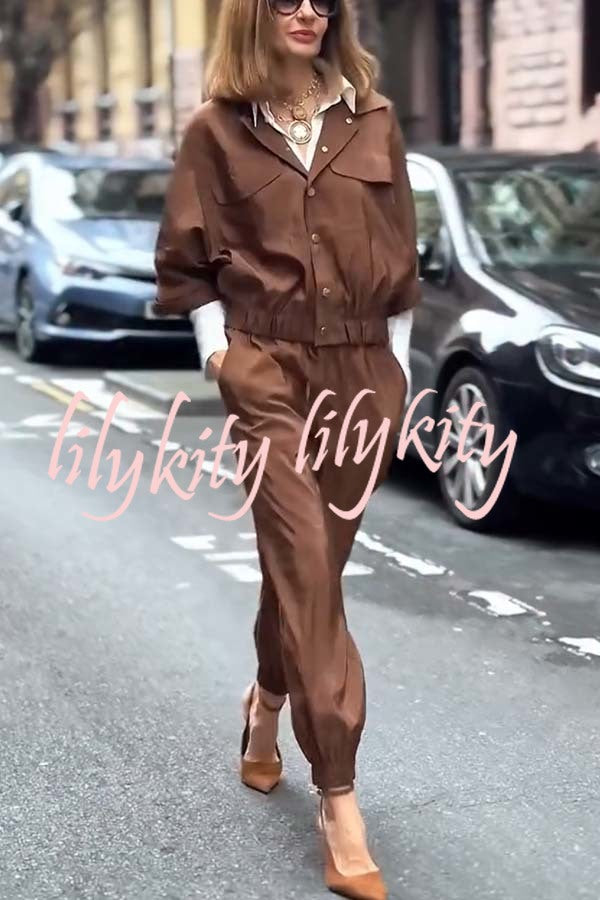Street Charm Glossy Fabric Button Pocket Cargo Jacket and Elastic Waist Jogger Pants Set