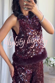 Gala Goddess Sequin Faux Fur Trim Crew Neck Sleeveless Loose Top
