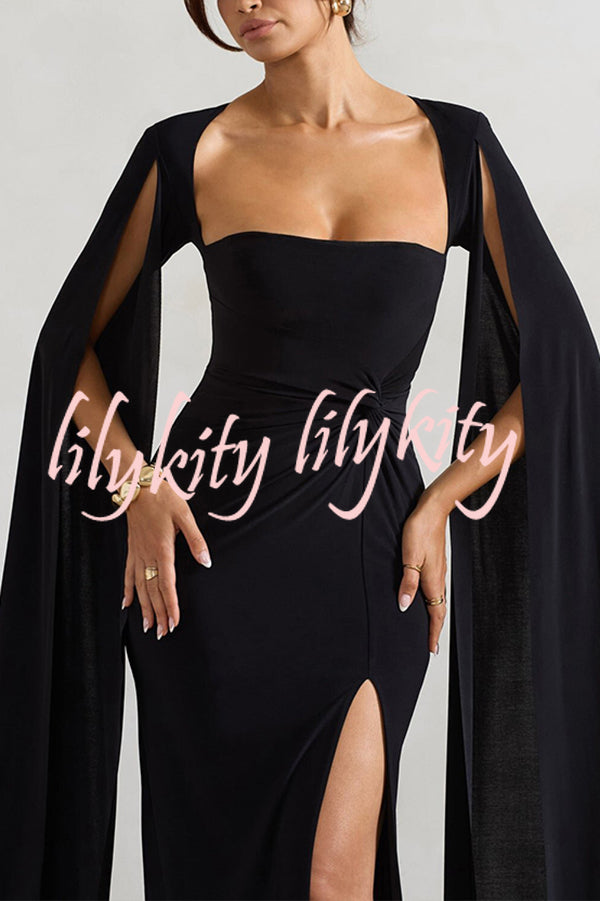 Elegant Goddess Square Neck Twisted Cape Sleeve Slit Maxi Dress