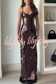 Dazzling Like Flowing Water Sequin V-neck Back Zipper Slit Maxi Dress