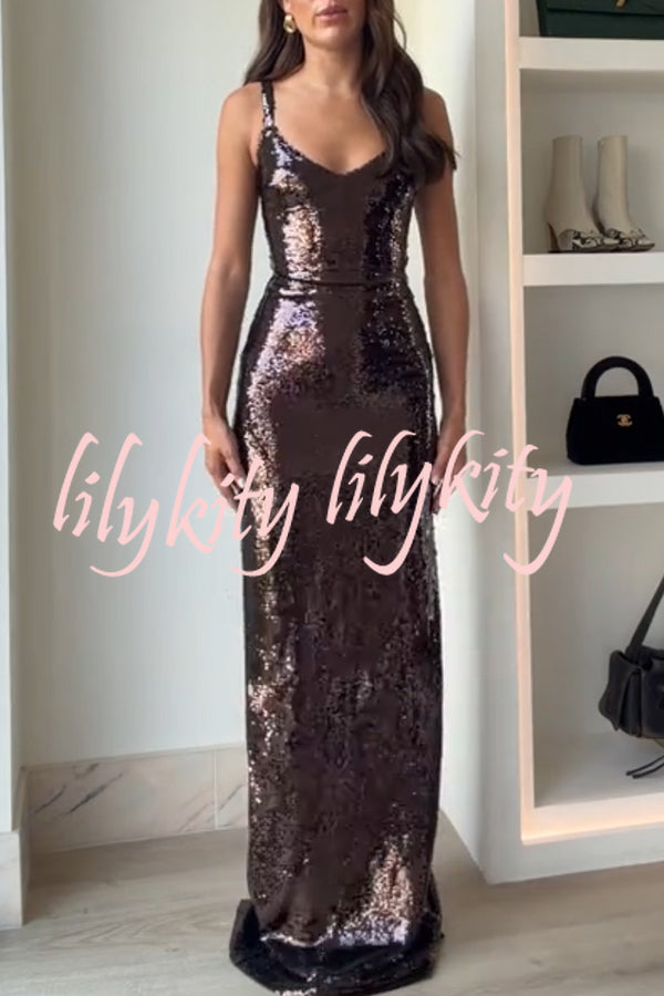 Dazzling Like Flowing Water Sequin V-neck Back Zipper Slit Maxi Dress