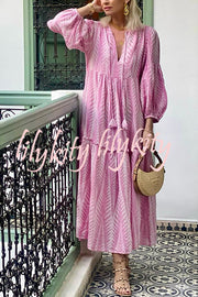 Marrakech Stories Linen Blend Printed Balloon Sleeve Pocketed A-line Midi Dress