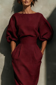 Elegant Puff Sleeve High-waisted Pocket Casual Midi Dress