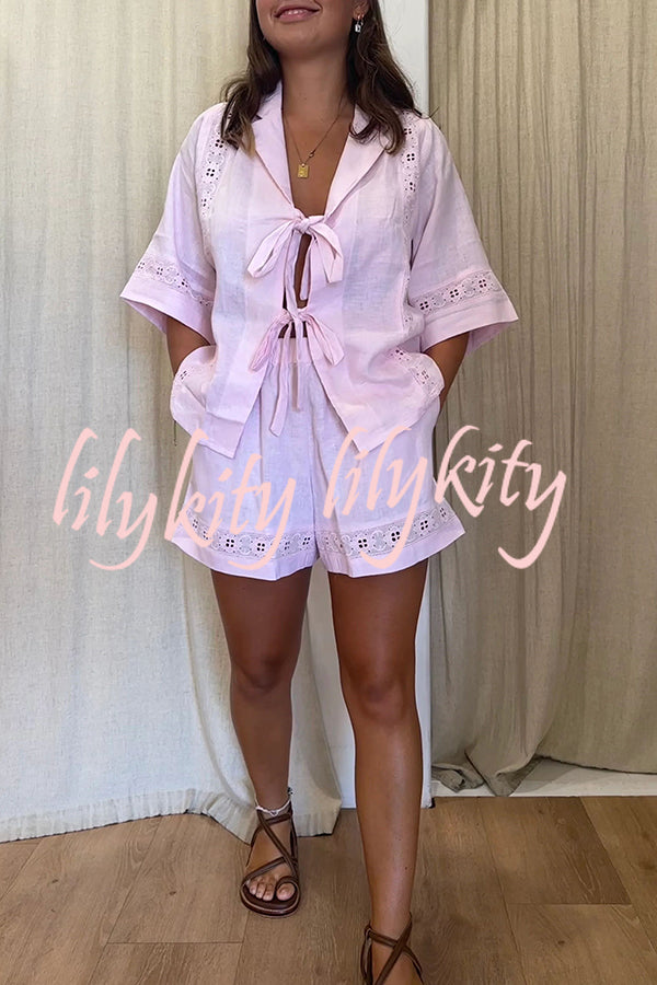 Celebrate Vacation Linen Blend Lace Splicing Tie-up Shirt and Elastic Waist Pocketed Shorts Set