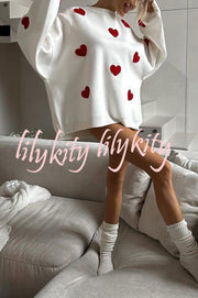 Fashionable Embroidered Love Loose Round Neck Long Sleeve Knitted Sweater