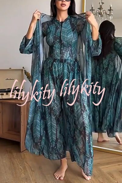 Unique Print One-piece Swimsuit and Cardigan and High Rise Pants Three-piece Set