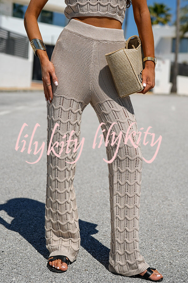 Solid Color Hollow Sleeveless Round Neck Knitted Vest and Stretch Casual Straight Pants Set