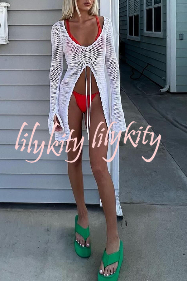 Elegant Knitted Cutout V Neck Lace Up Long Sleeves Cover Ups