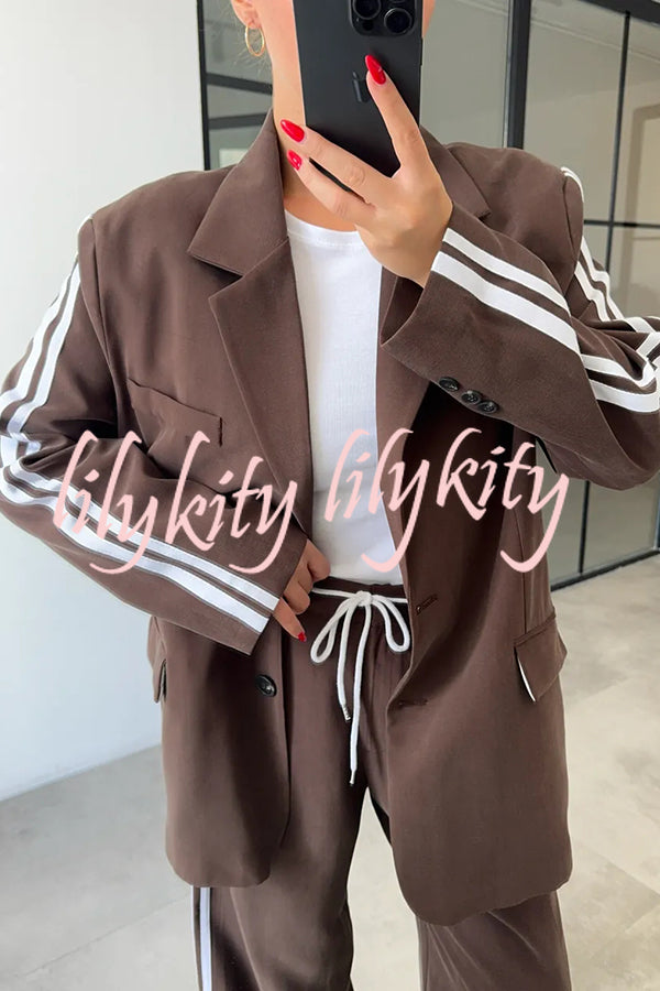 Levvie Striped Trim Long Sleeve Lapel Blazer and Rope Belt Pocketed Wide Leg Pants Set