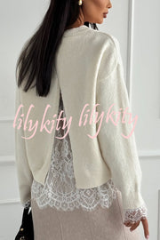 Caitlin Knit Lace Trim Patchwork Long Sleeve Back Slit Relaxed Sweater