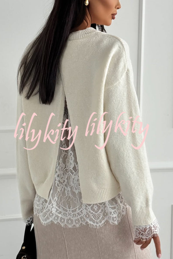 Caitlin Knit Lace Trim Patchwork Long Sleeve Back Slit Relaxed Sweater