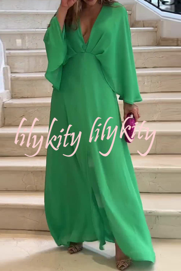 Solid Color V Neck High Waist Slit Casual Maxi Dress