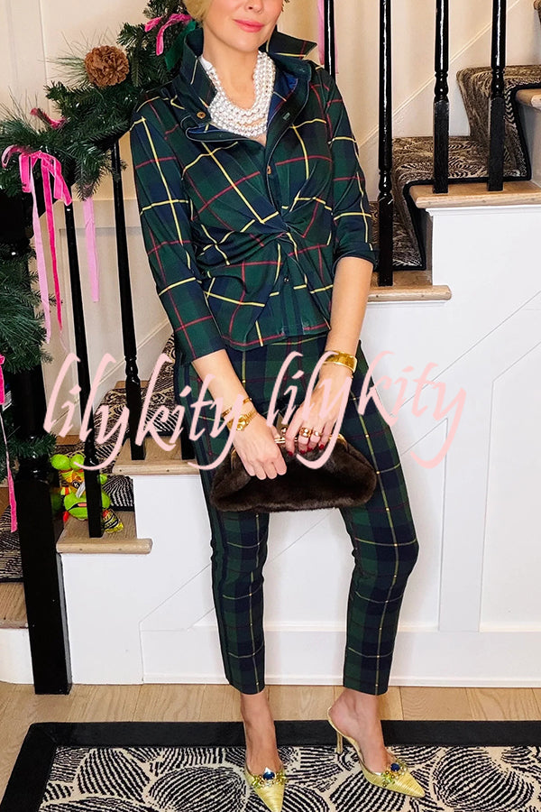 Embrace The Festival Plaid Twist Half Sleeve Shirt and Elastic Waist Pencil Pants Set