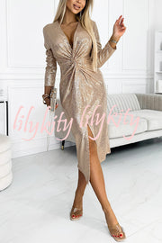 Coralia Sequin V-neck Long Sleeve Twist Waist Front Slit Midi Dress