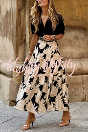 Resort Style Botanical Print Elastic Waist Loose Stitching Midi Skirt