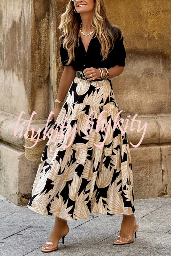 Resort Style Botanical Print Elastic Waist Loose Stitching Midi Skirt
