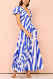 Indulge in Timeless Striped Print Puff Sleeve Pocketed Wavy Maxi Dress