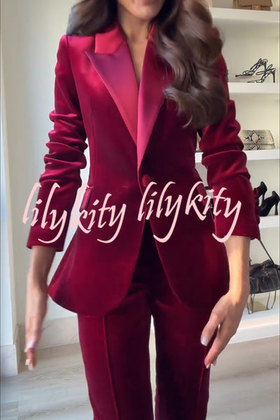 Delicate Daze Velvet Satin Lapel Button Up Long Sleeve Tapered Waist Blazer