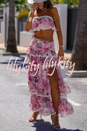 Dakota Floral Lace Trim Crop Tube Top and Layered Slit Maxi Skirt Set