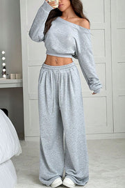 Solid Color Loose Long-sleeved Short Top and Elastic Waist Casual Pocket Wide-leg Pants Set