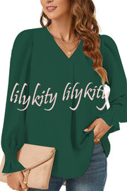 Solid Color V-neck Elastic Cuffs Long-sleeved Loose Top