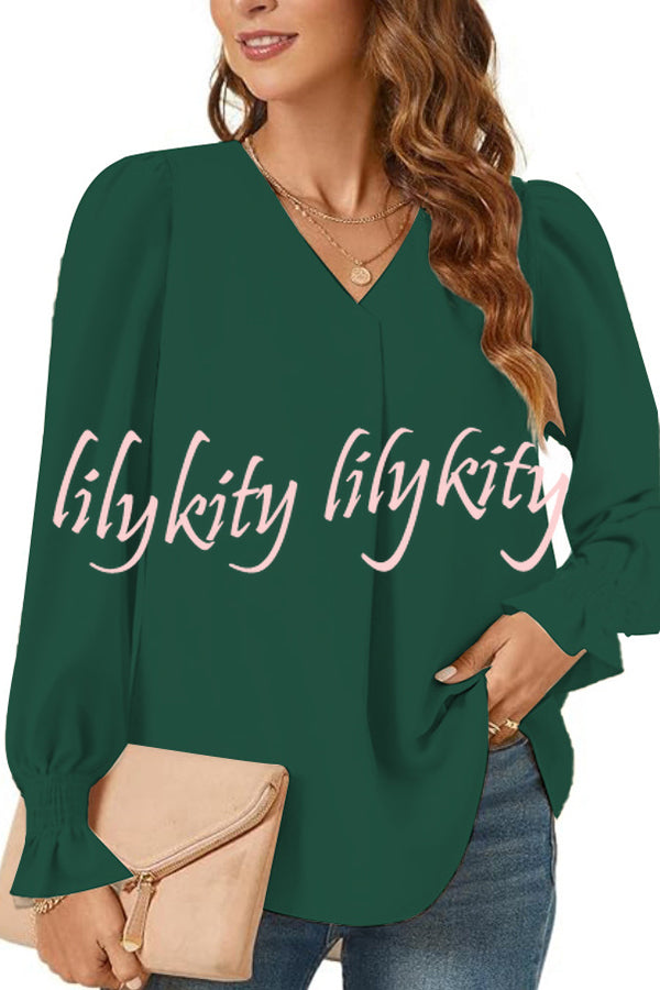 Solid Color V-neck Elastic Cuffs Long-sleeved Loose Top