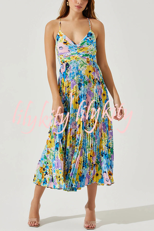 Wedding Party Season Floral Print Pleated Back Tie-up Midi Dress