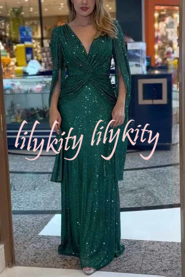 Shine Brighter Sequin Cape Sleeve Cross Waist Evening Maxi Dress