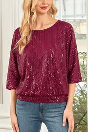 Solid Color Sequined Loose Round Neck Casual Top