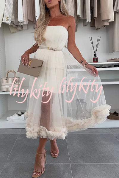 Fairytale Charm Tulle Off Shoulder Ruffles Trim A-line Midi Dress