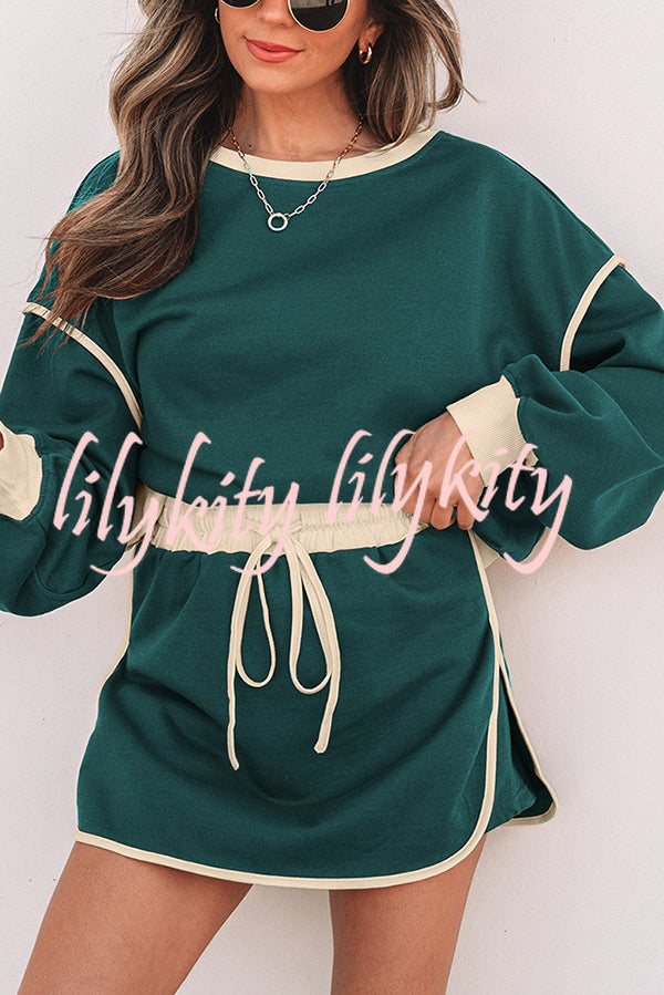 Fashion Round Neck Long Sleeve Spliced Casual Top and Elastic Waist Loose Shorts Set