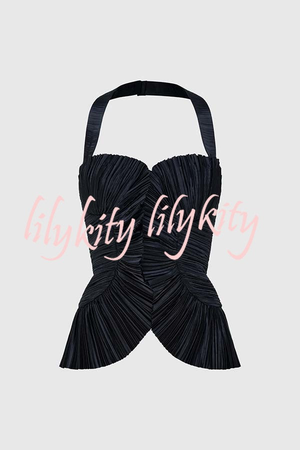 Show Exquisiteness Satin Pleated Heart-shaped Off Shoulder Halter Tank