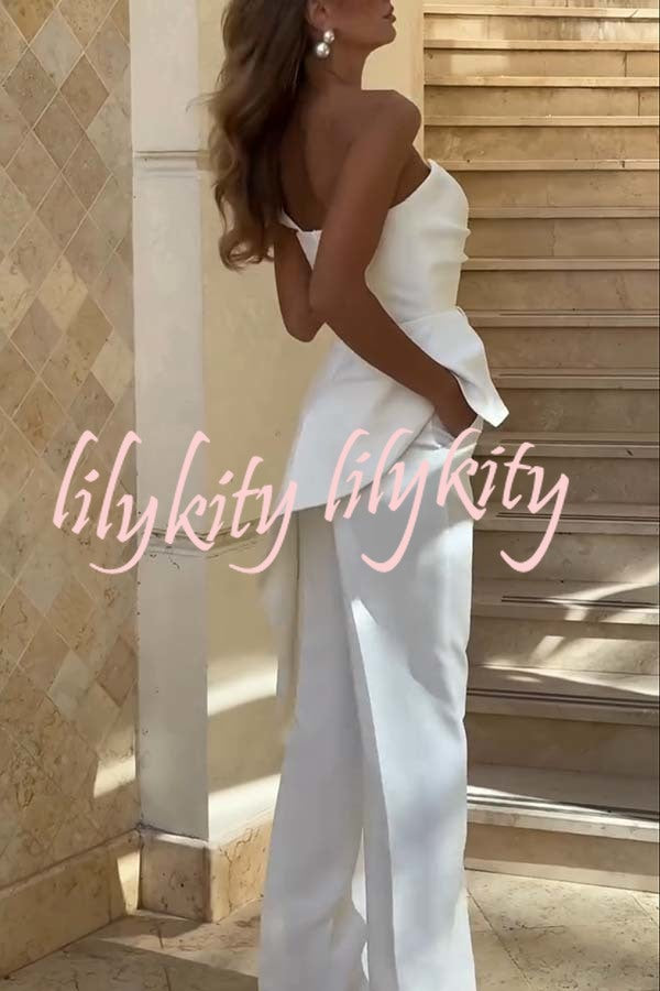 Amena One Shoulder Sweetheart Neck Ruffle Hem Top and Elastic Waist Pocket Wide Leg Pants Set