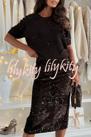 Light The Night Knit Satin Bow Detail Short Puff Sleeve Sweater