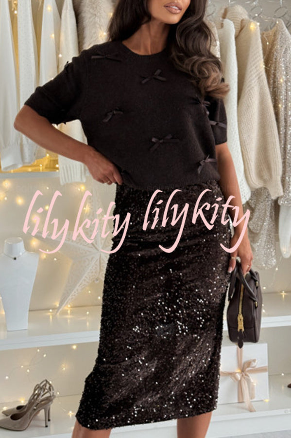 Light The Night Knit Satin Bow Detail Short Puff Sleeve Sweater