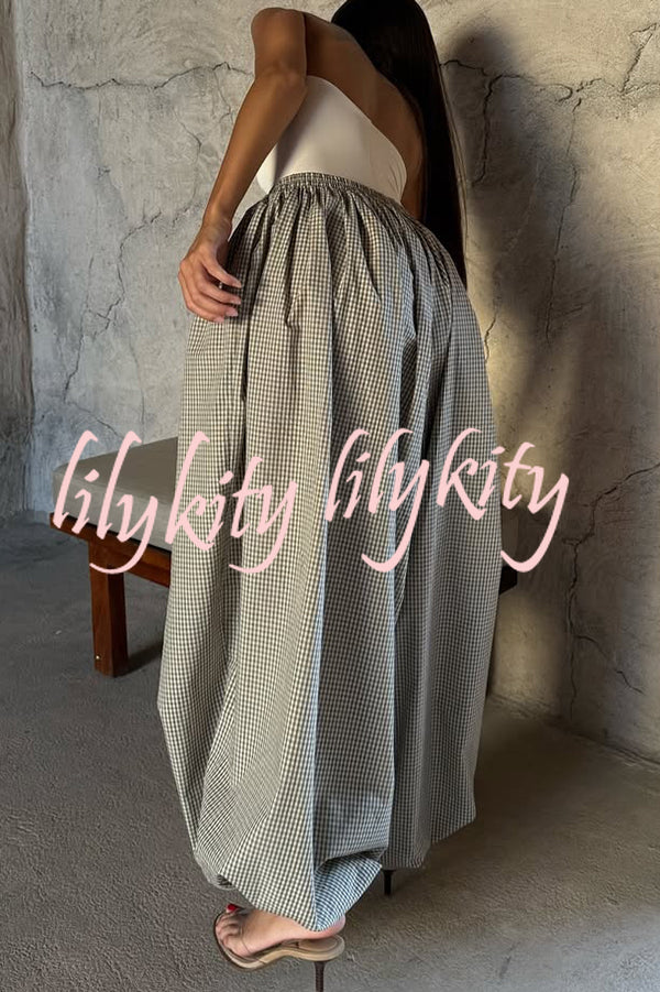 Fashion Plaid Print Elastic Waist Pocket Loose Wide-leg Pants