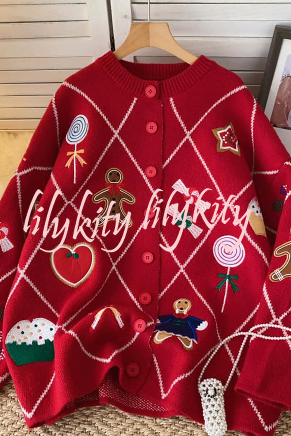 Argyle Candy Gingerbread Man Embroidered Button-knit Cardigan