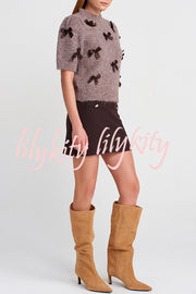 Jensin Knit Satin Bow Detail Short Sleeve Crop Sweater