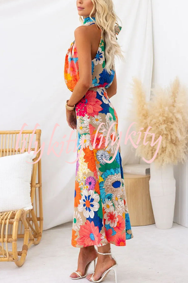 Land of Beauty Floral Print Halter Neck Elastic Waist Party Maxi Dress