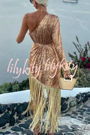 For The Love Gold Sequin One Shoulder Belted Fringes Midi Dress