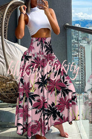 Unique Printed Pleated Elastic Waist Holiday Casual Maxi Skirt