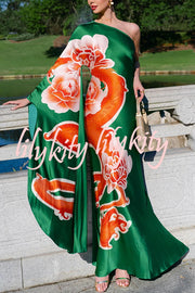 Elegance and Grace Satin Dragon Print One Shoulder Drape Sleeve Maxi Dress