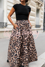 Leopard Print Pocket Pleated Hem Maxi Skirt