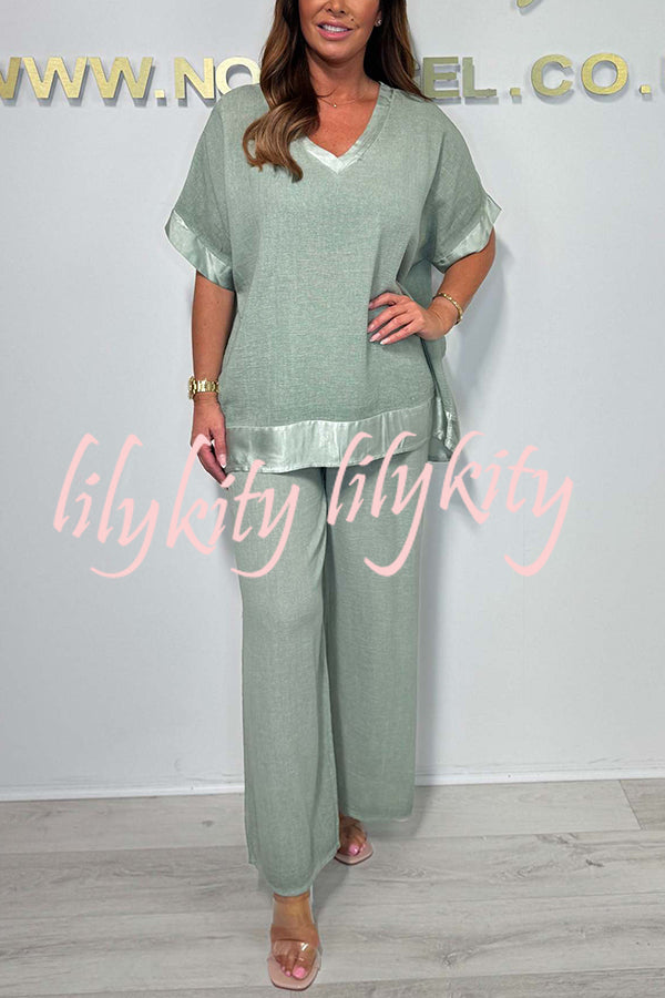 Fashionable V-neck Short-sleeved Loose Top and Elastic Waist Casual Wide-leg Pants Set