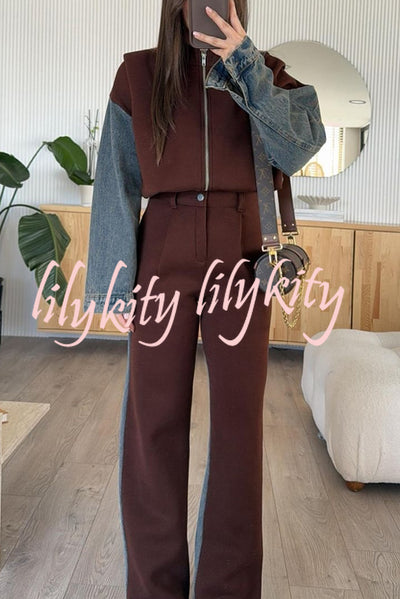 Sports Fashion Denim Patchwork Sweatshirt Fabric High Rise Pocket Loose Pants