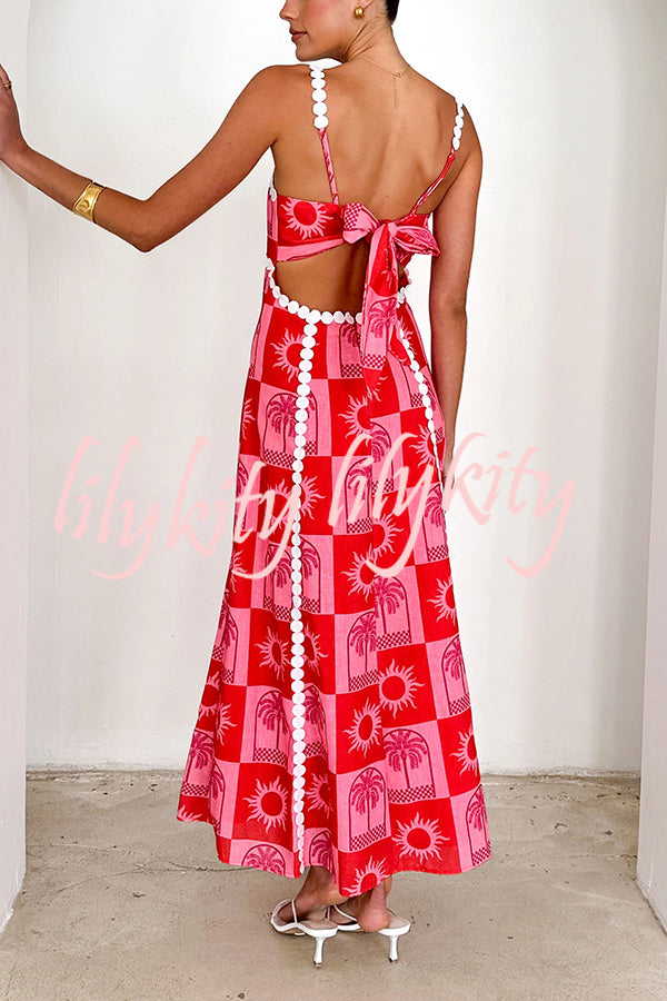 Holiday Style Unique Print Sexy Sling Open Back Lace Up Maxi Dress