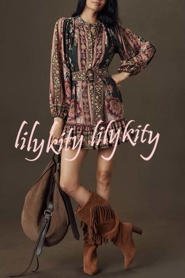 Brazilian Style Unique Floral Print Puff Sleeve Belted Pleated Hem Mini Dress