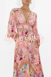 Fairy Tale Print V-Neck Lantern Sleeve Waist Maxi Dress